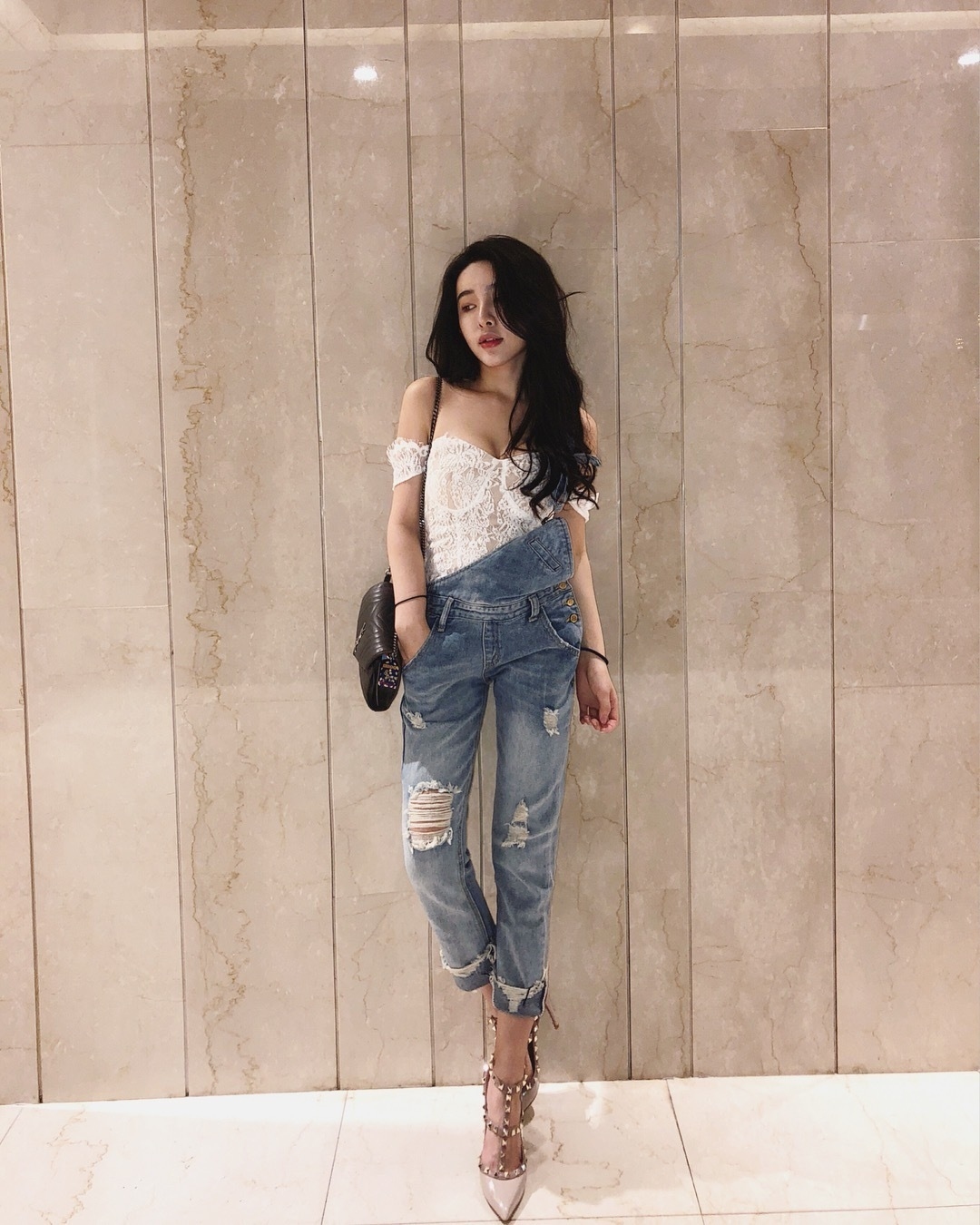 韓國單邊牛仔吊帶褲