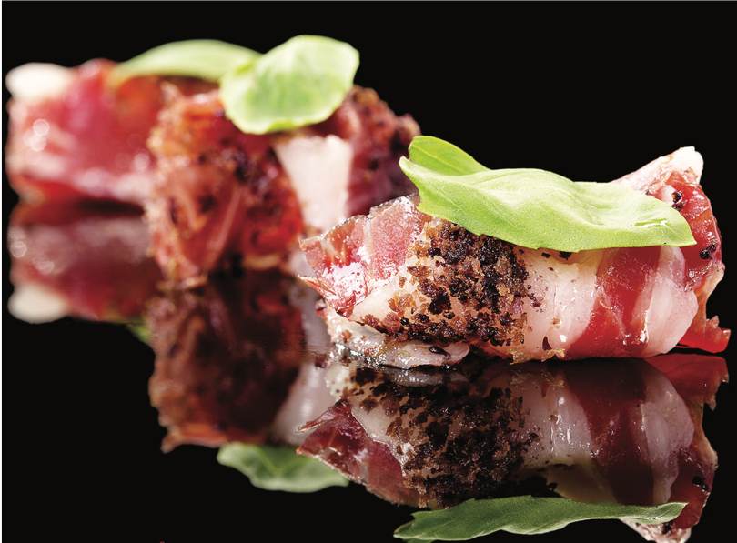 Mediterranean ham with pitted black Taggiasca olives and basil by Massimiliano Alajmo from Le Calandre in Rubano (Padua)