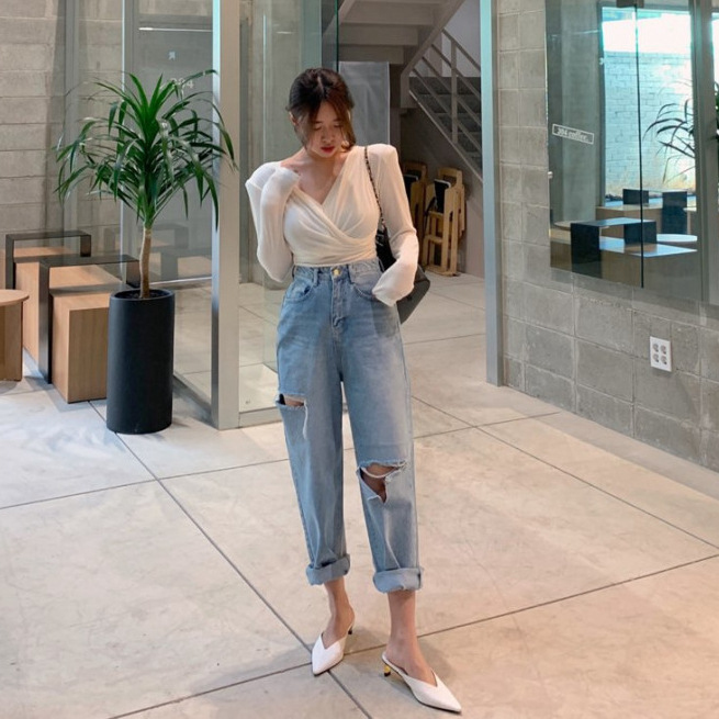 寬鬆破洞九分褲