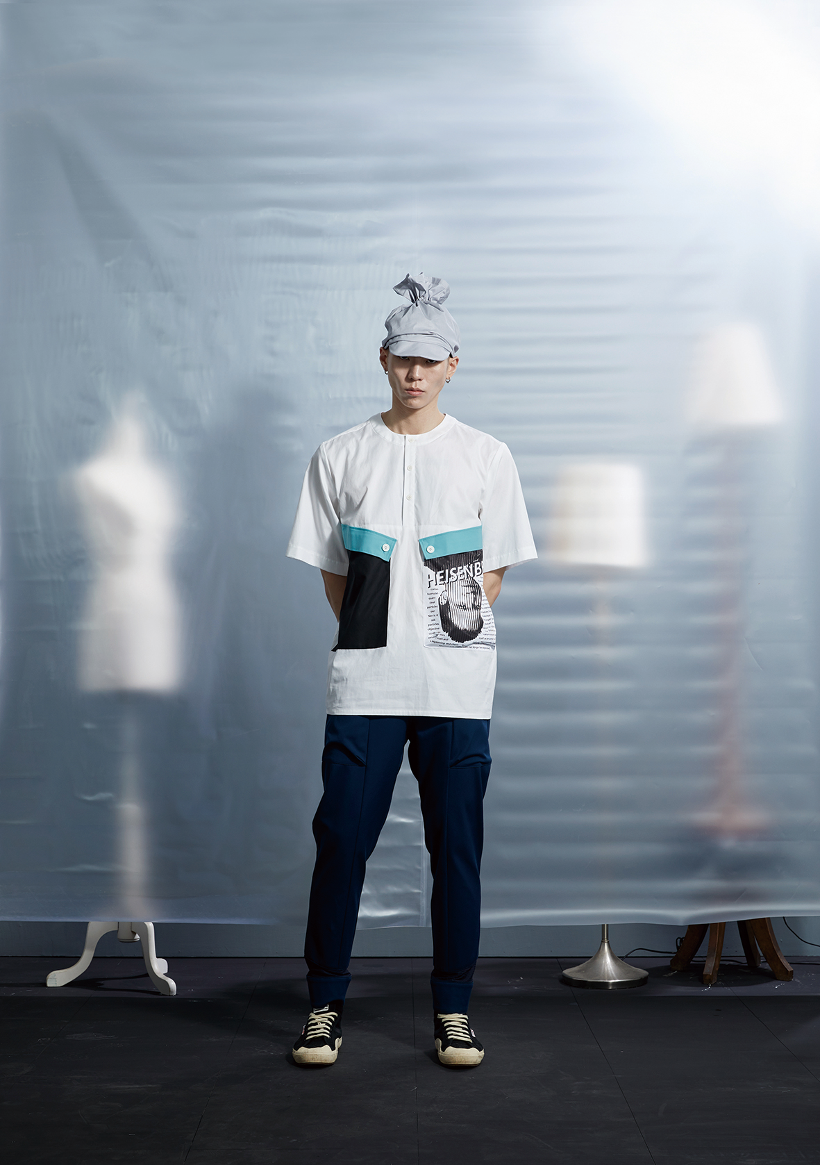 雙口袋半襟上衣 - 白