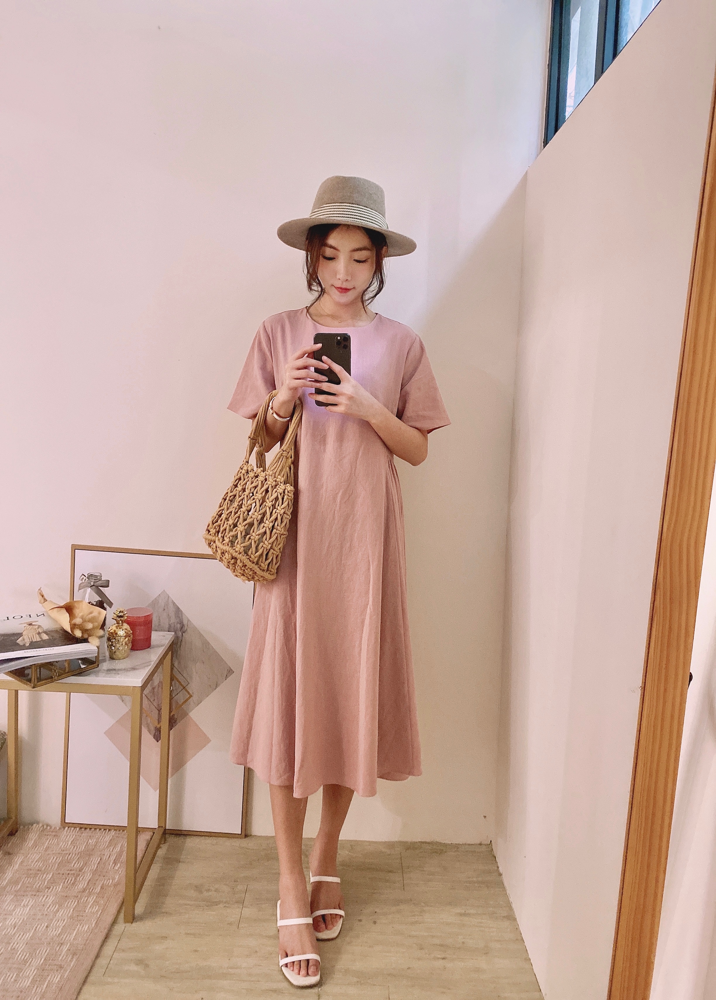 神級裙襬霧感柔粉棉麻洋