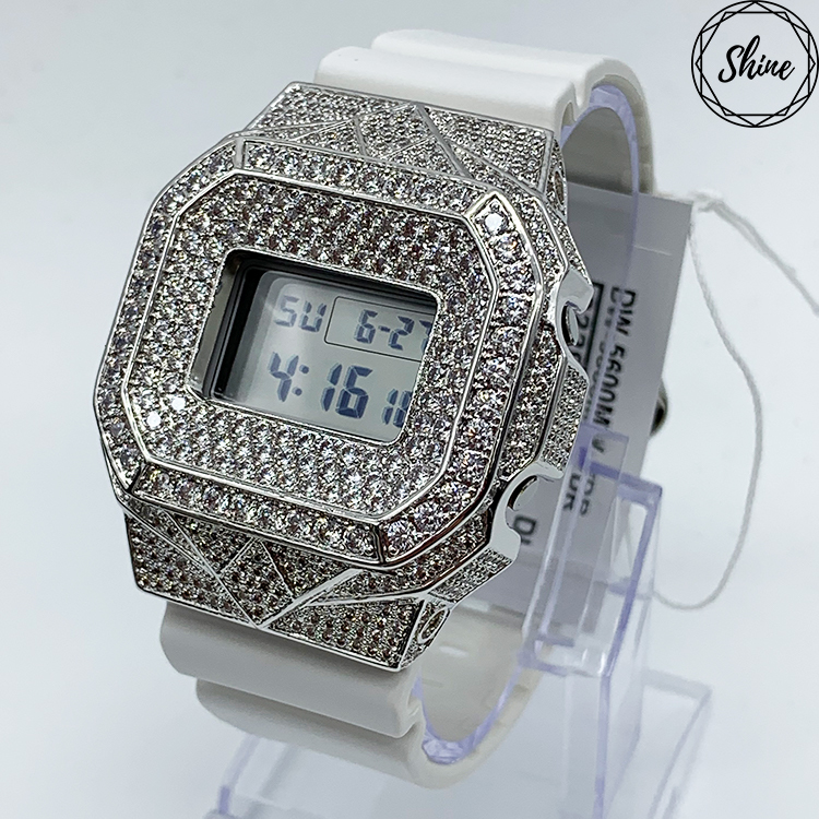 客製 DW-5600MW-7 銀色方塊鑲石金屬錶殼全套