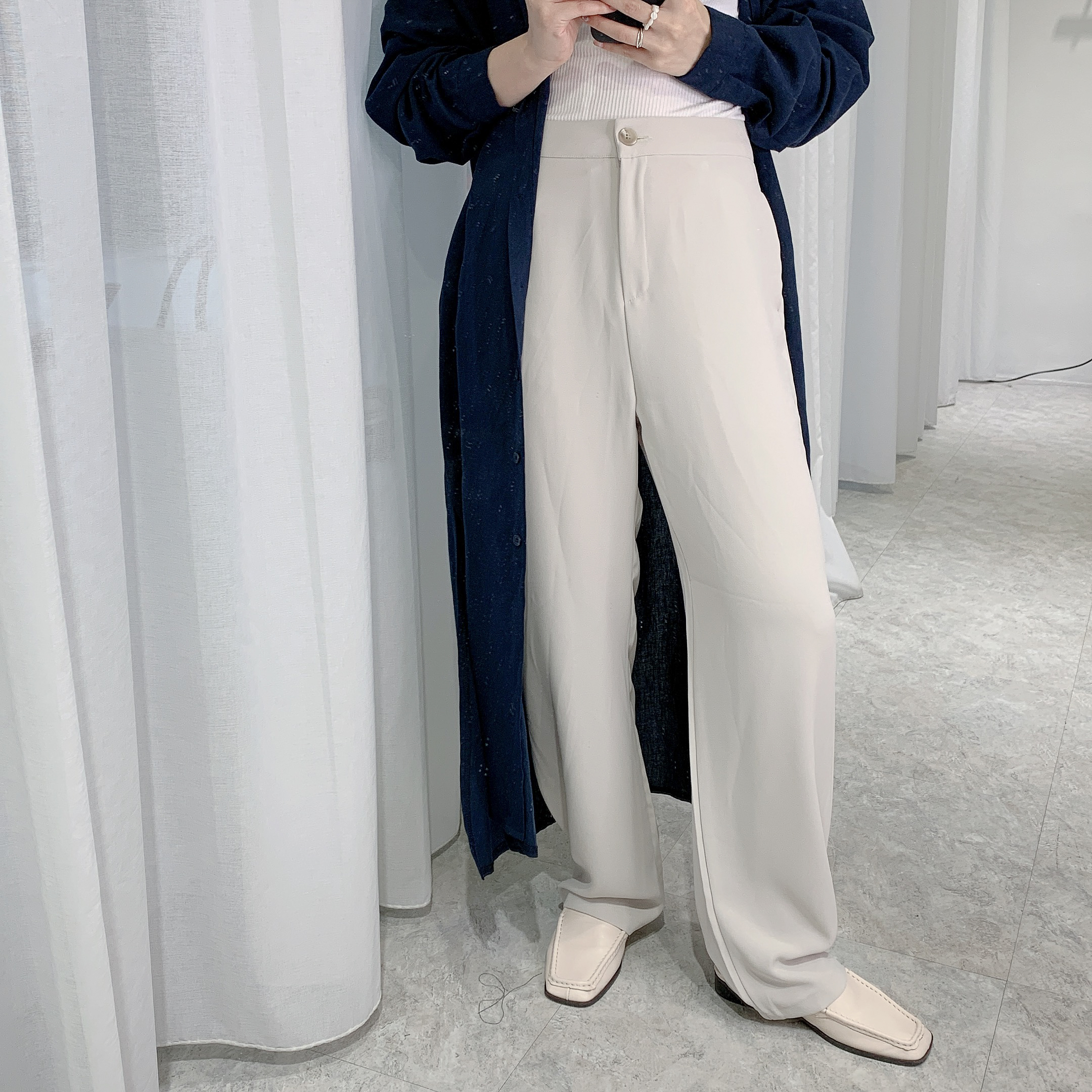 褲腳雙釦造型西褲(淺米灰/M，版偏大)