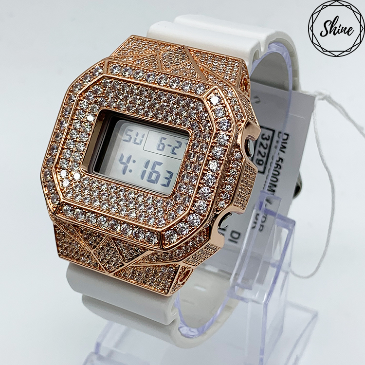 客製 DW-5600MW-7 玫瑰金色方塊鑲石金屬錶殼全套