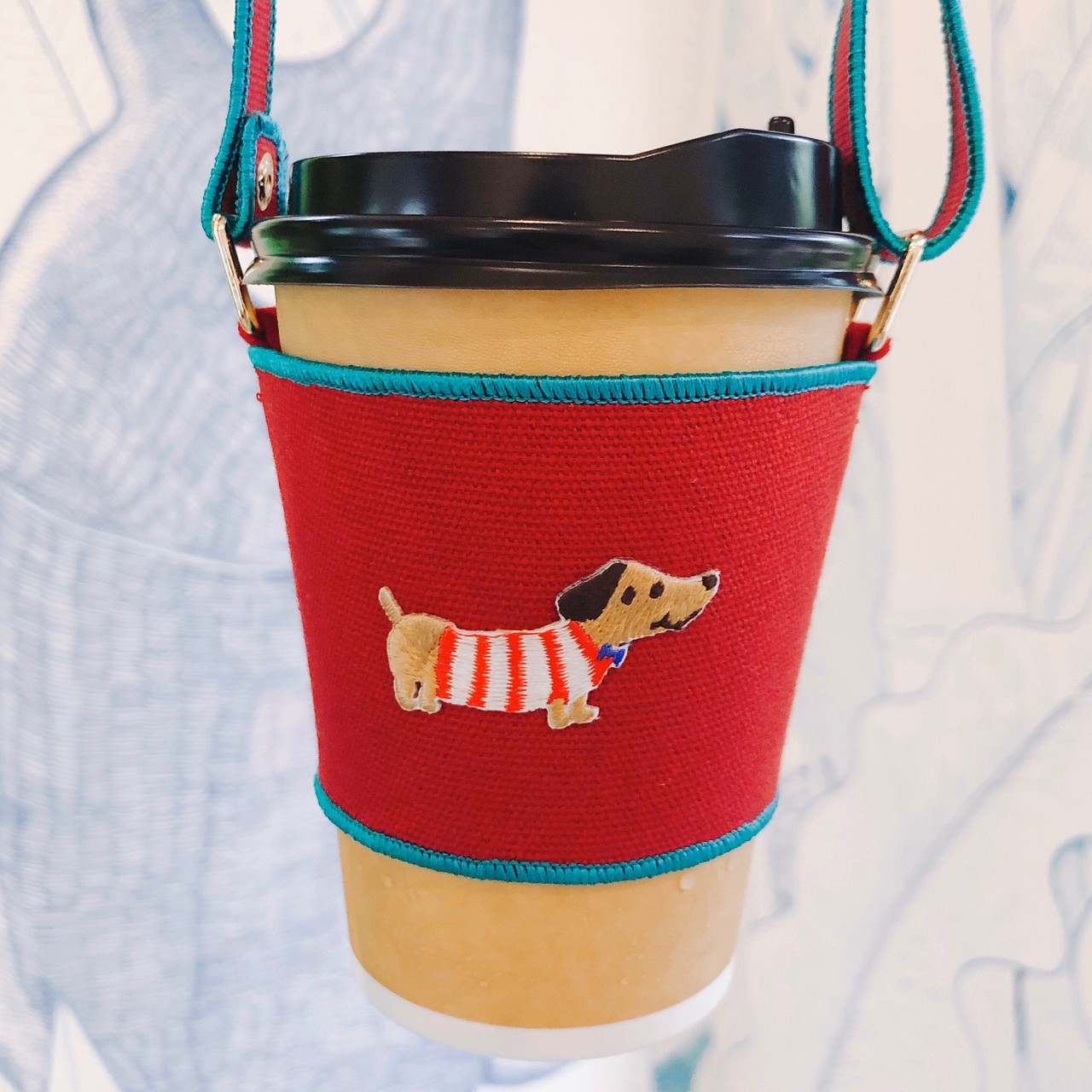 【Littdlework動物園-紅色-臘腸狗狗】刺繡飲料提袋