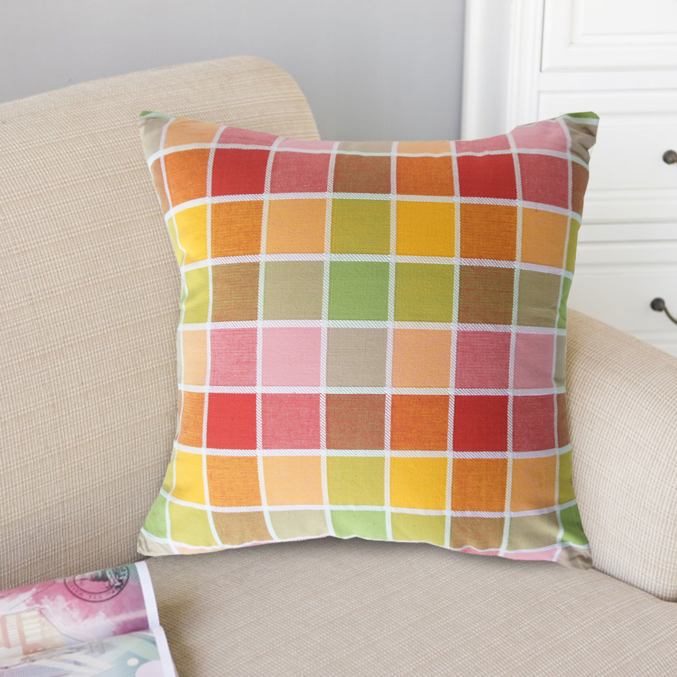 歐風純棉抱枕(45x45cm)(60x60cm)_方格紅