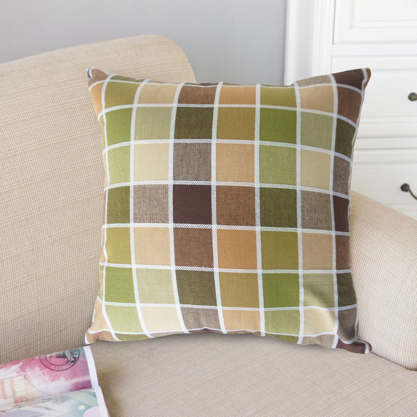 歐風純棉抱枕(45x45cm)(60x60cm)_方格咖