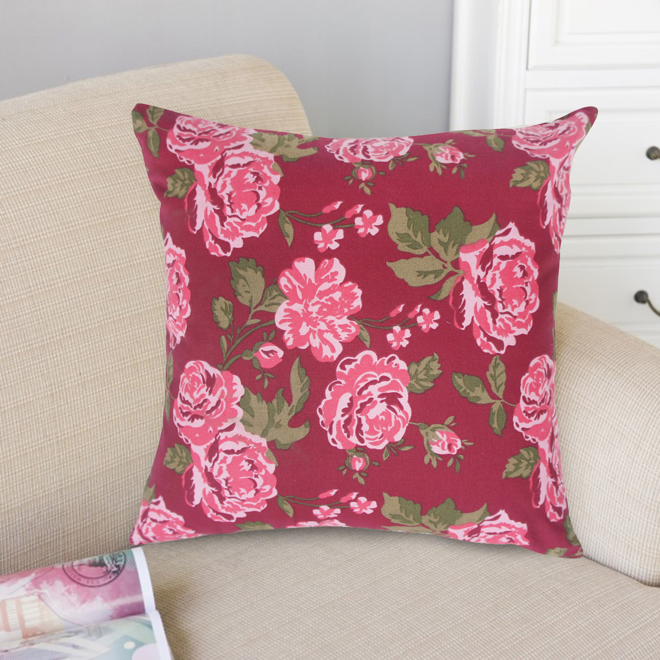 歐風純棉抱枕(45x45cm)(60x60cm)_玫瑰