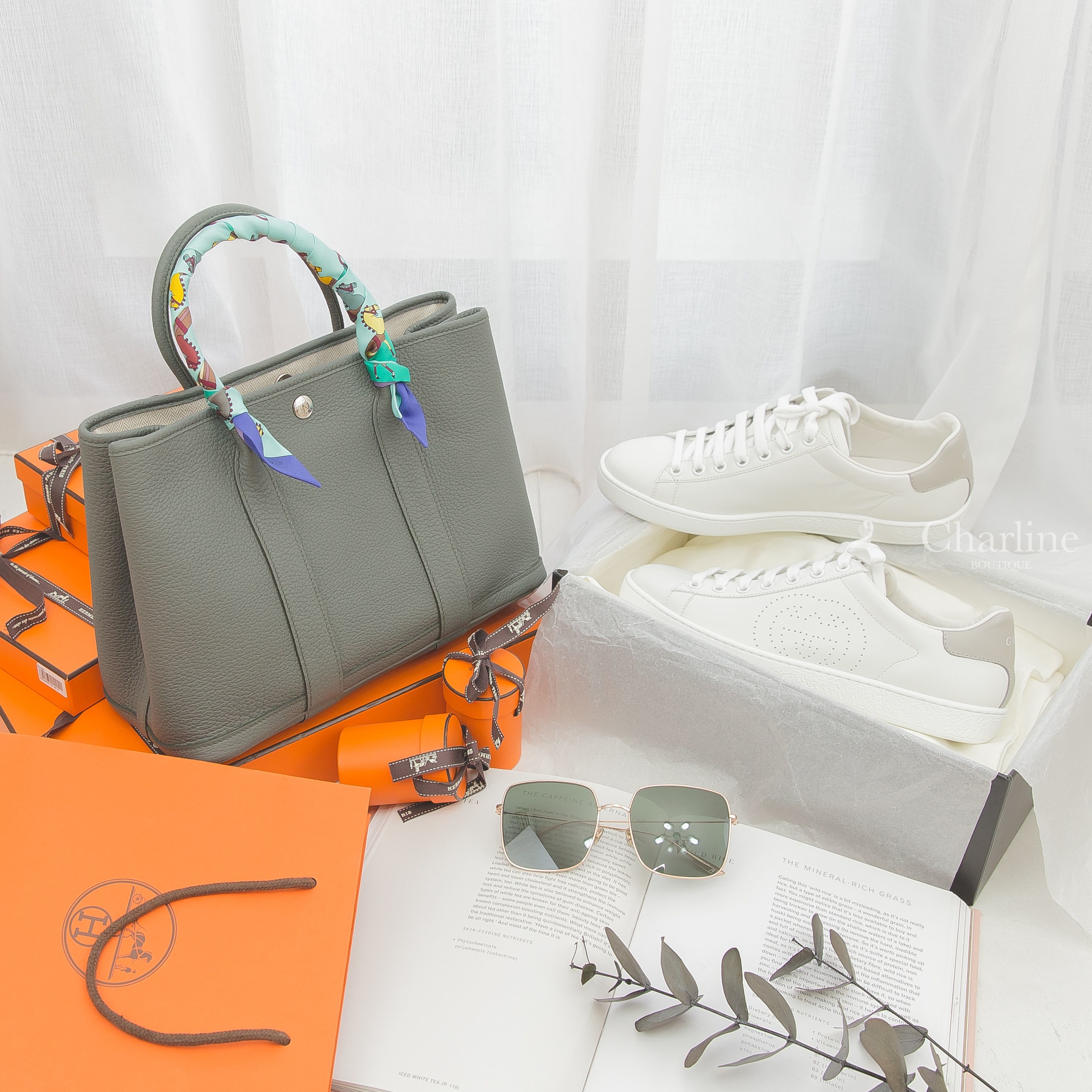 Hermes Garden Party 30cm 63 Vert Amande Veau Negonda 杏仁綠肩背包,Gucci  Ace Sneaker 白色灰尾雷射洞洞GG運動鞋-Charline Boutique 精品代購
