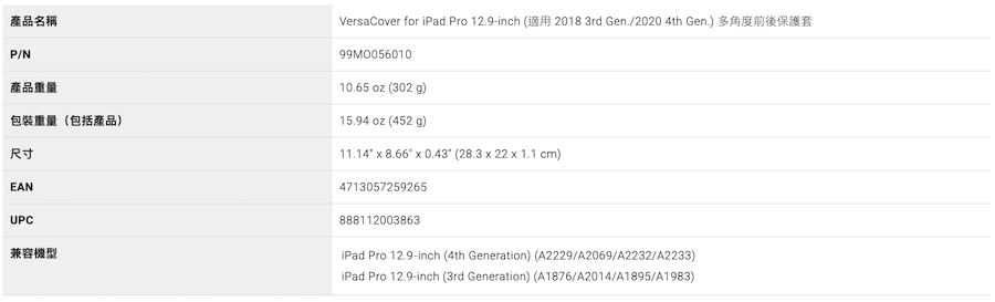 moshi iPad Pro 12.9吋 VersaCover 多角度前後保護套 規格