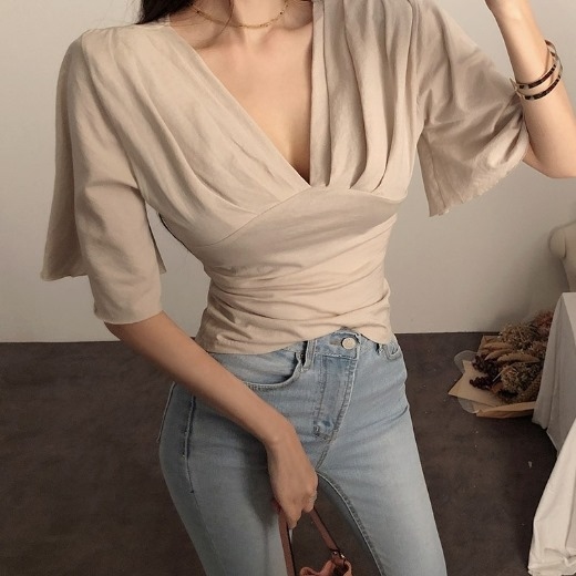 造型袖 V領上衣(杏/黑/白)