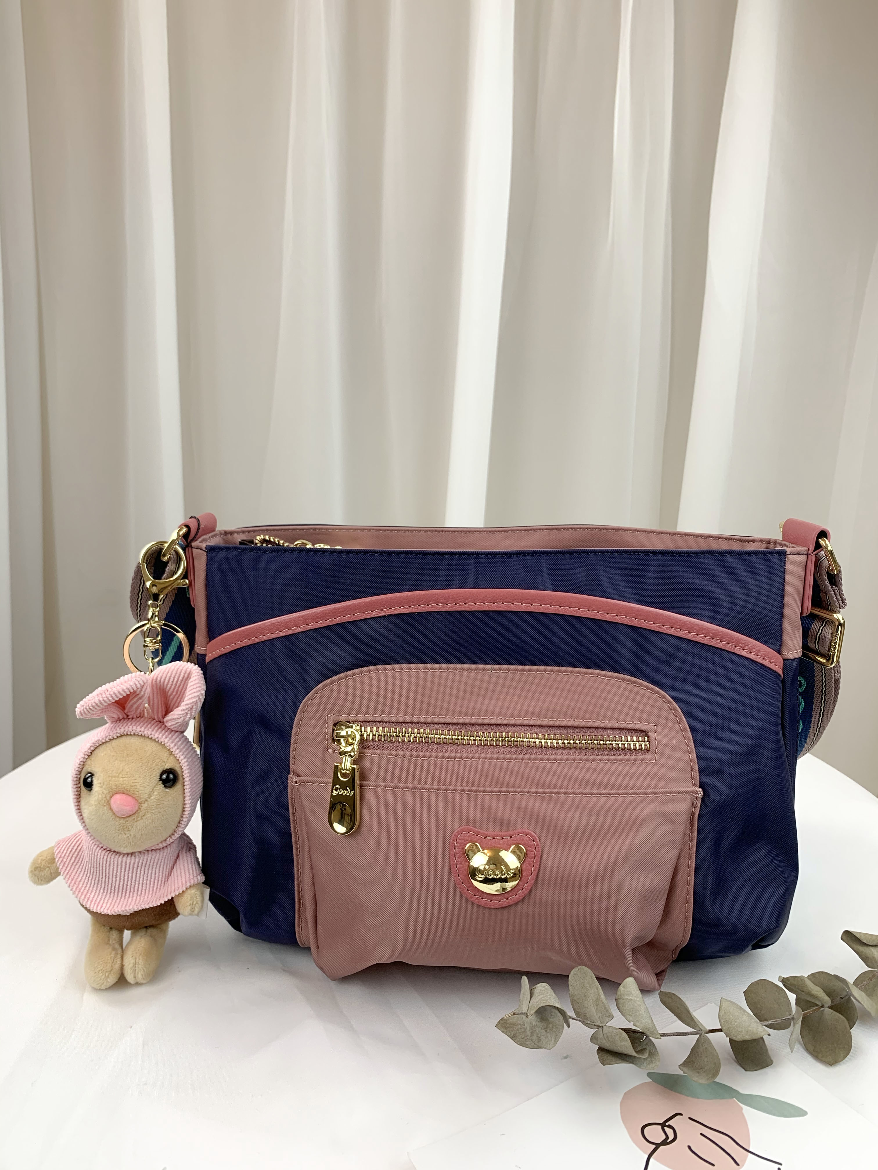 GOODS 織帶藍粉 尼龍防潑水側背包  #2237