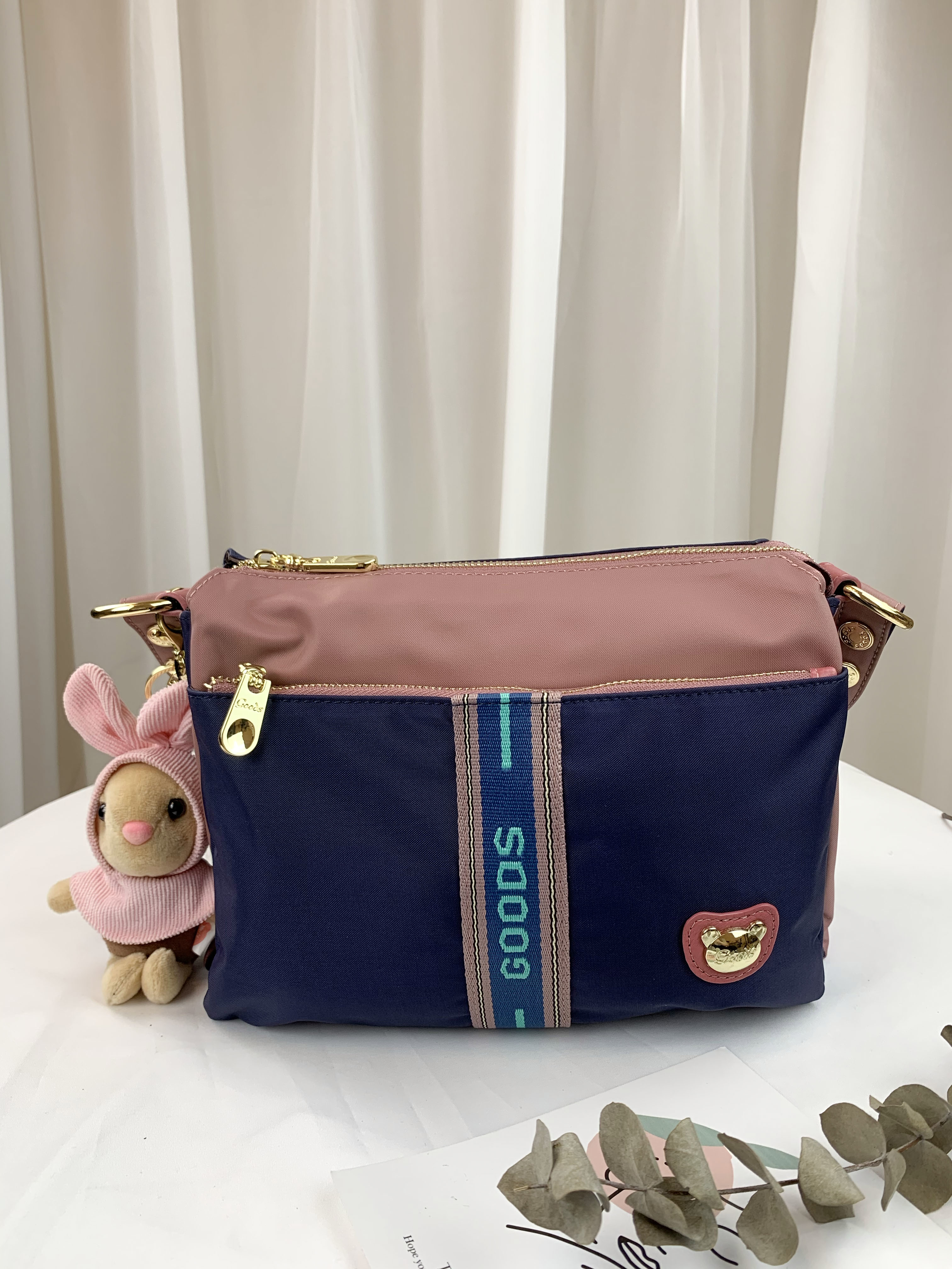 GOODS 織帶藍粉 尼龍多層收納側背包  #29259