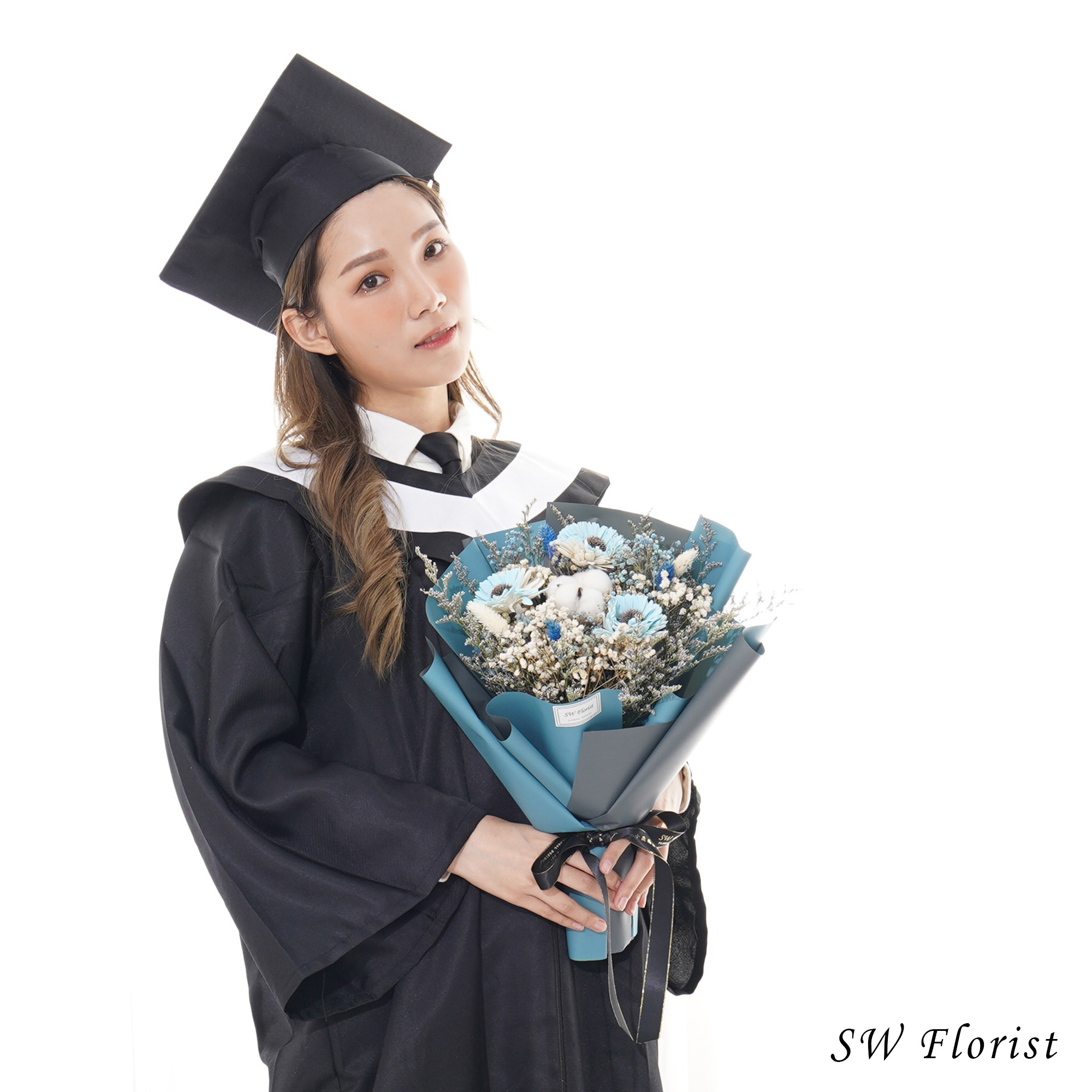 ｜一帆風順 淺藍向日葵 乾燥花束 畢業花束 中型花束｜