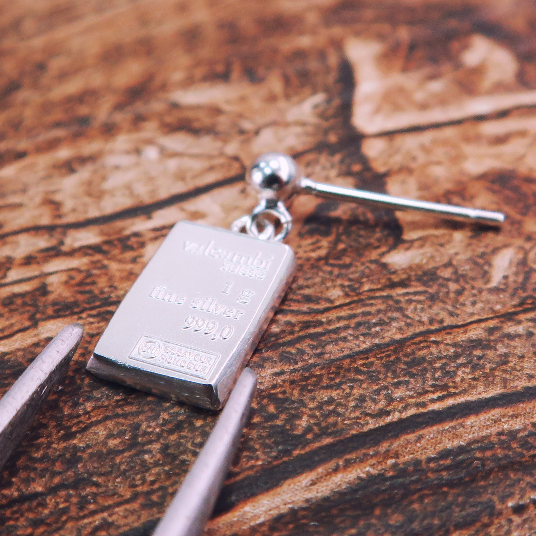 巧克力小銀磚耳環 999純銀耳環(單支)