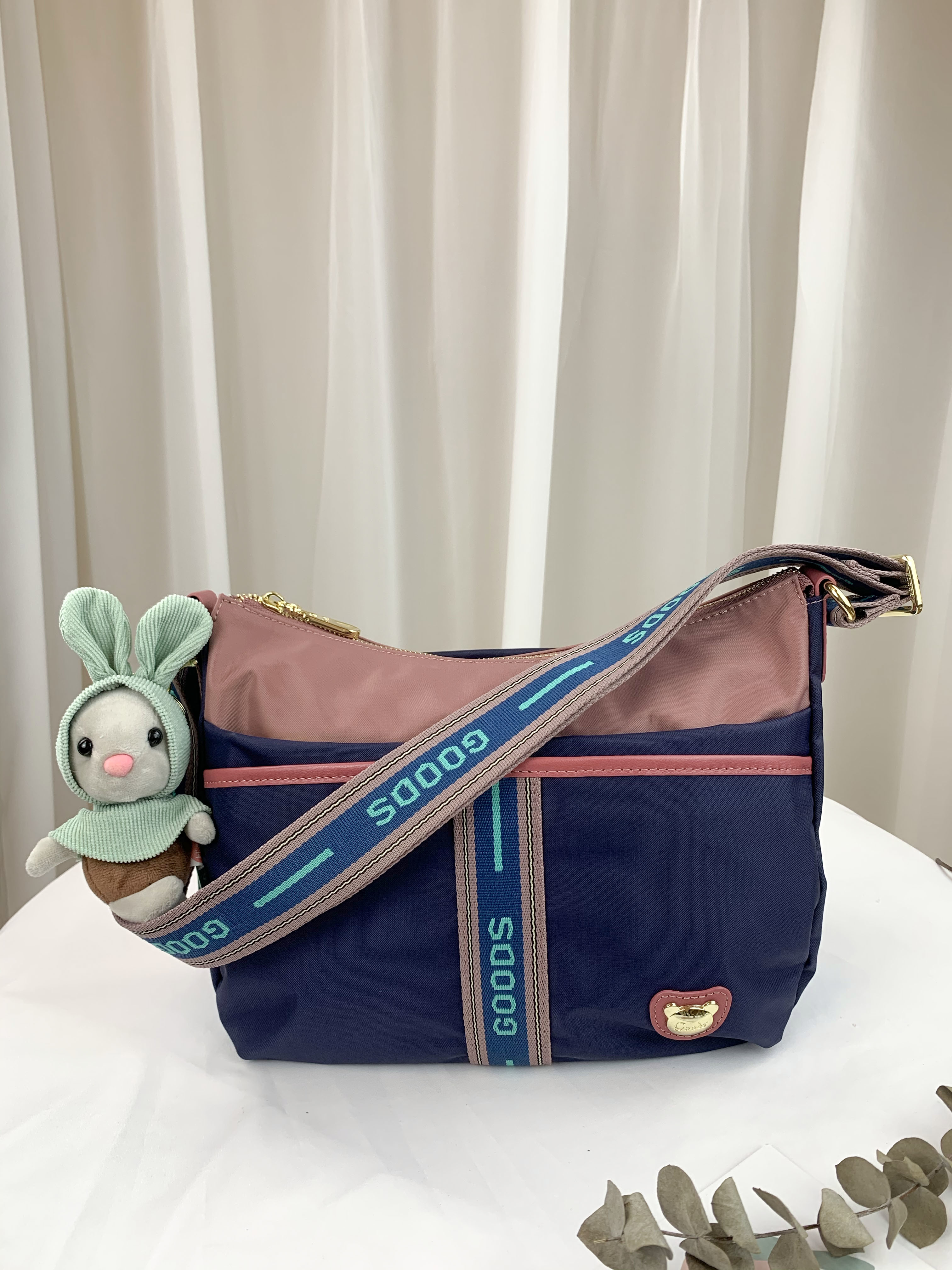 GOODS 織帶藍粉 尼龍防潑水側背包  #2638