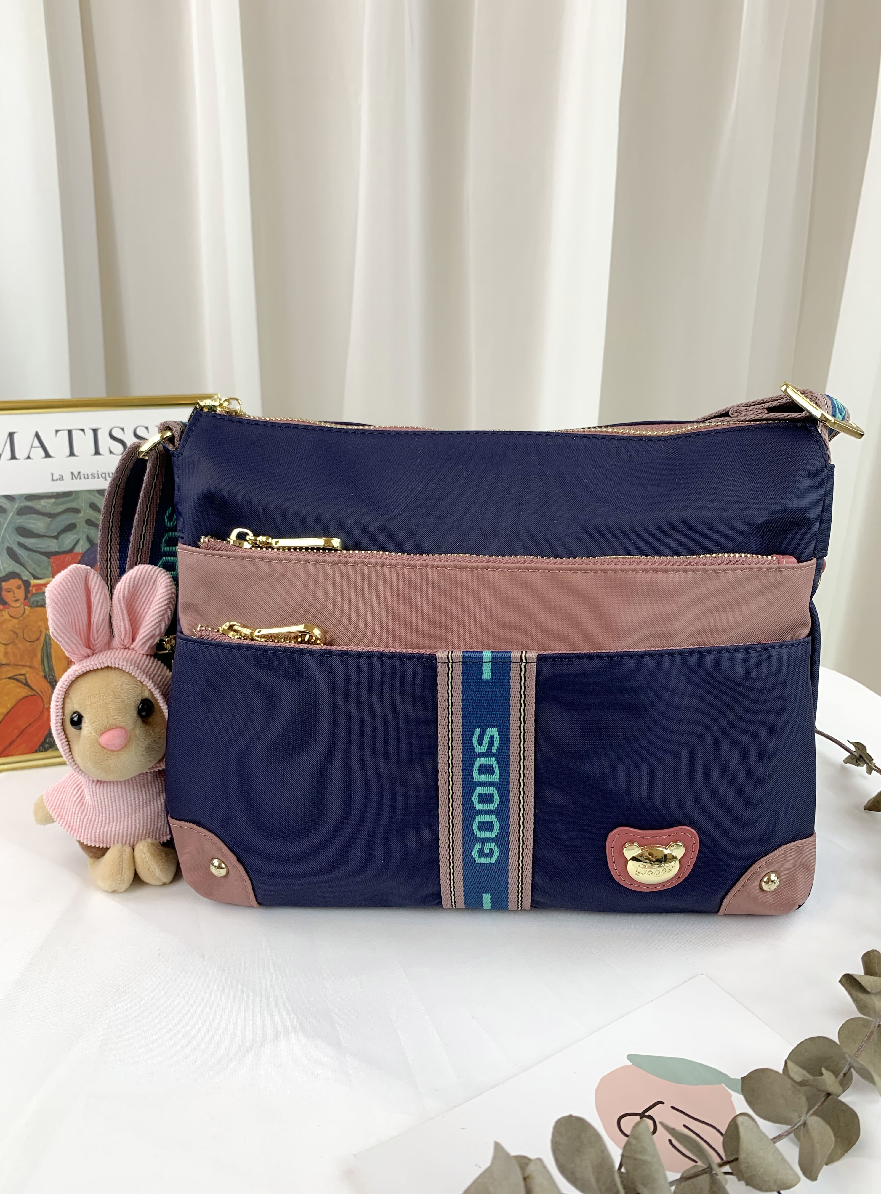 GOODS 織帶藍粉 三層拉鍊尼龍防潑水側背包  #2045