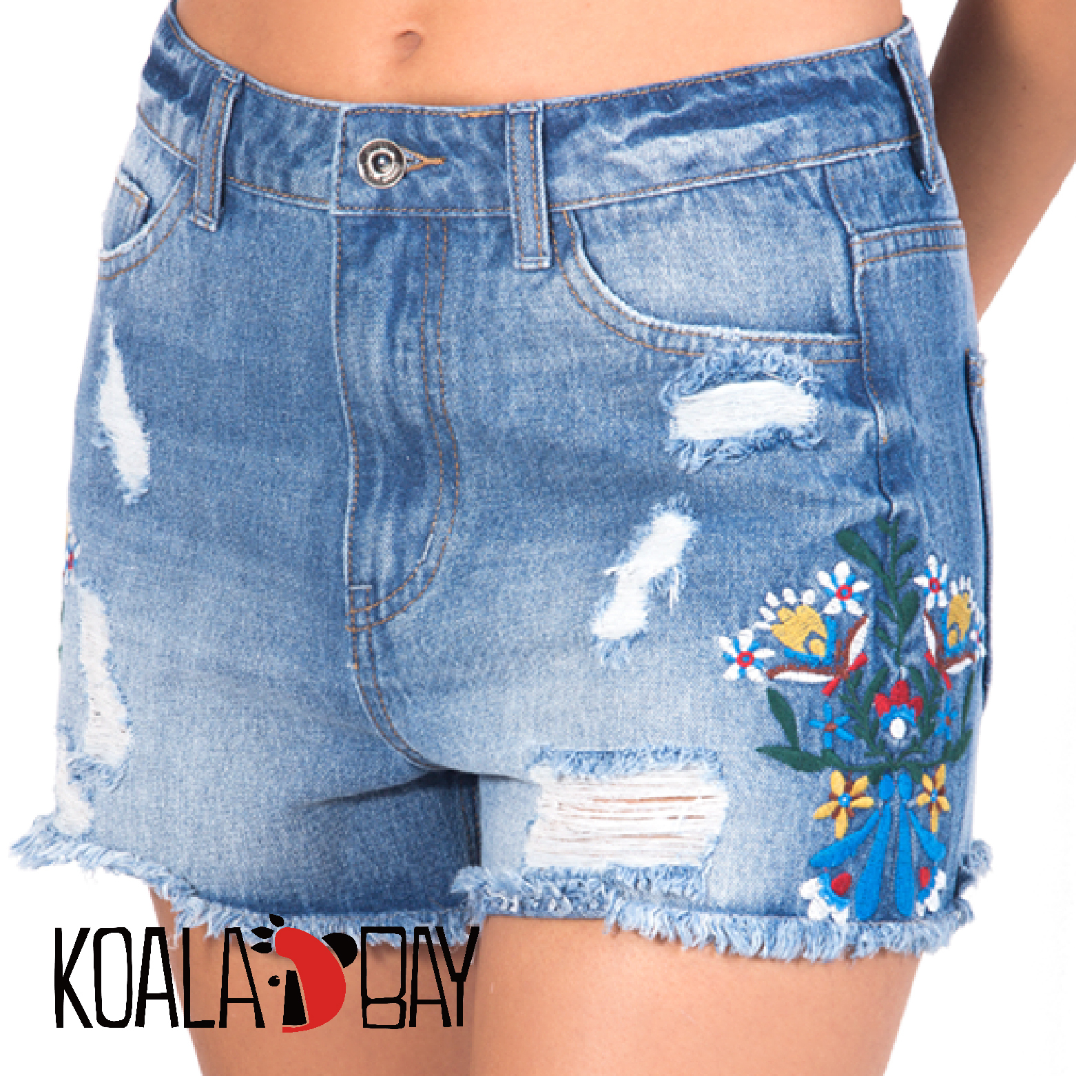 【KOALA BAY】側邊小花刺繡牛仔短褲