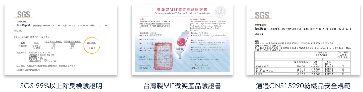 SGS99%以上除臭檢驗證明,台灣MIT微笑產品驗證書,通過CNS15290紡織品安全規範