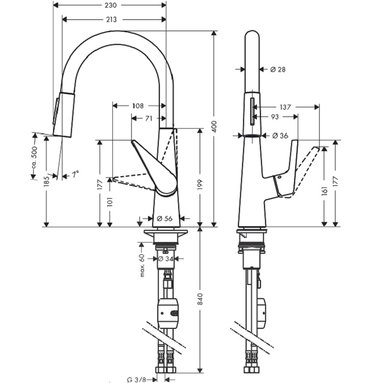 hansgrohe Talis S 72813, -000 Single lever kitchen mixer 200 with pull-out spray