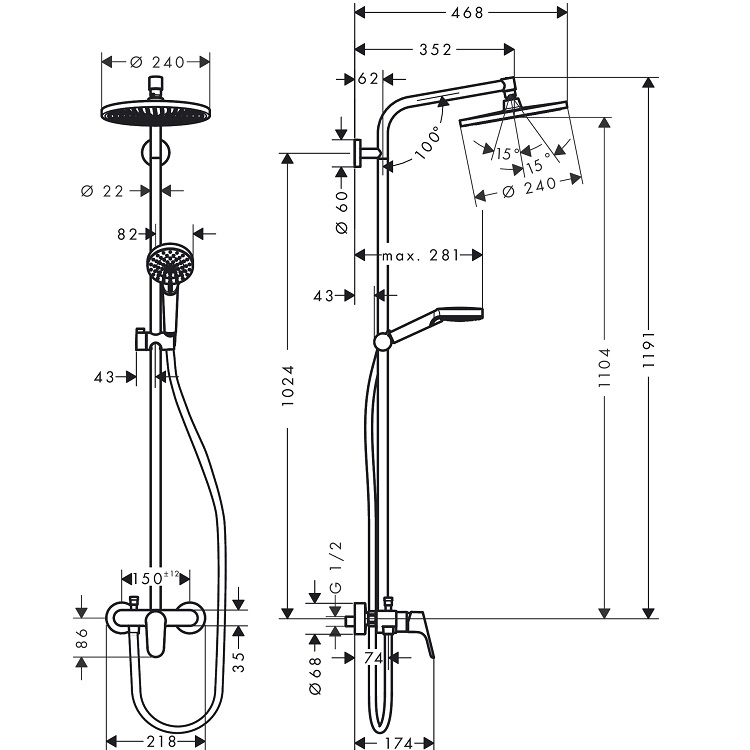 hansgrohe Crometta S 27269, -000 Showerpipe 240 1jet with single lever mixer - GA Approval