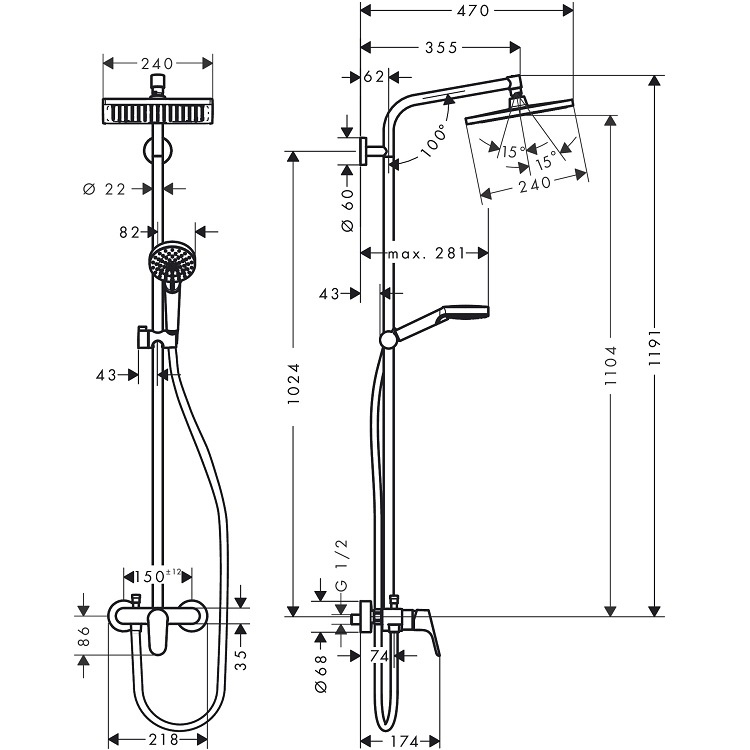hansgrohe Crometta E 27284, -000 Showerpipe 240 1jet with single lever mixer