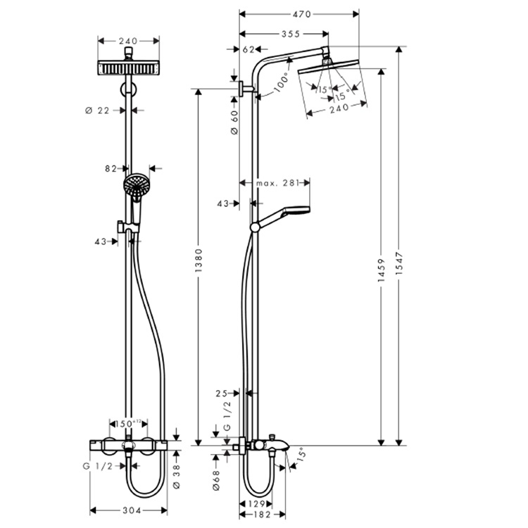 hansgrohe Crometta E 27298, -000 Showerpipe 240 1jet with bath thermostat