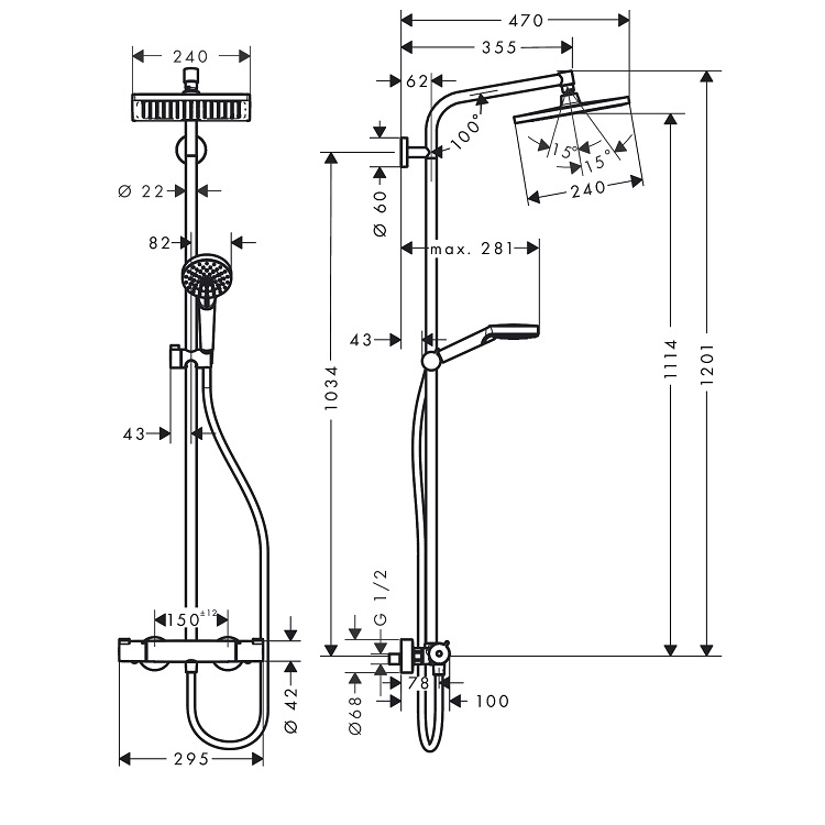 hansgrohe Crometta E 27271, -000 Showerpipe 240 1jet with thermostat