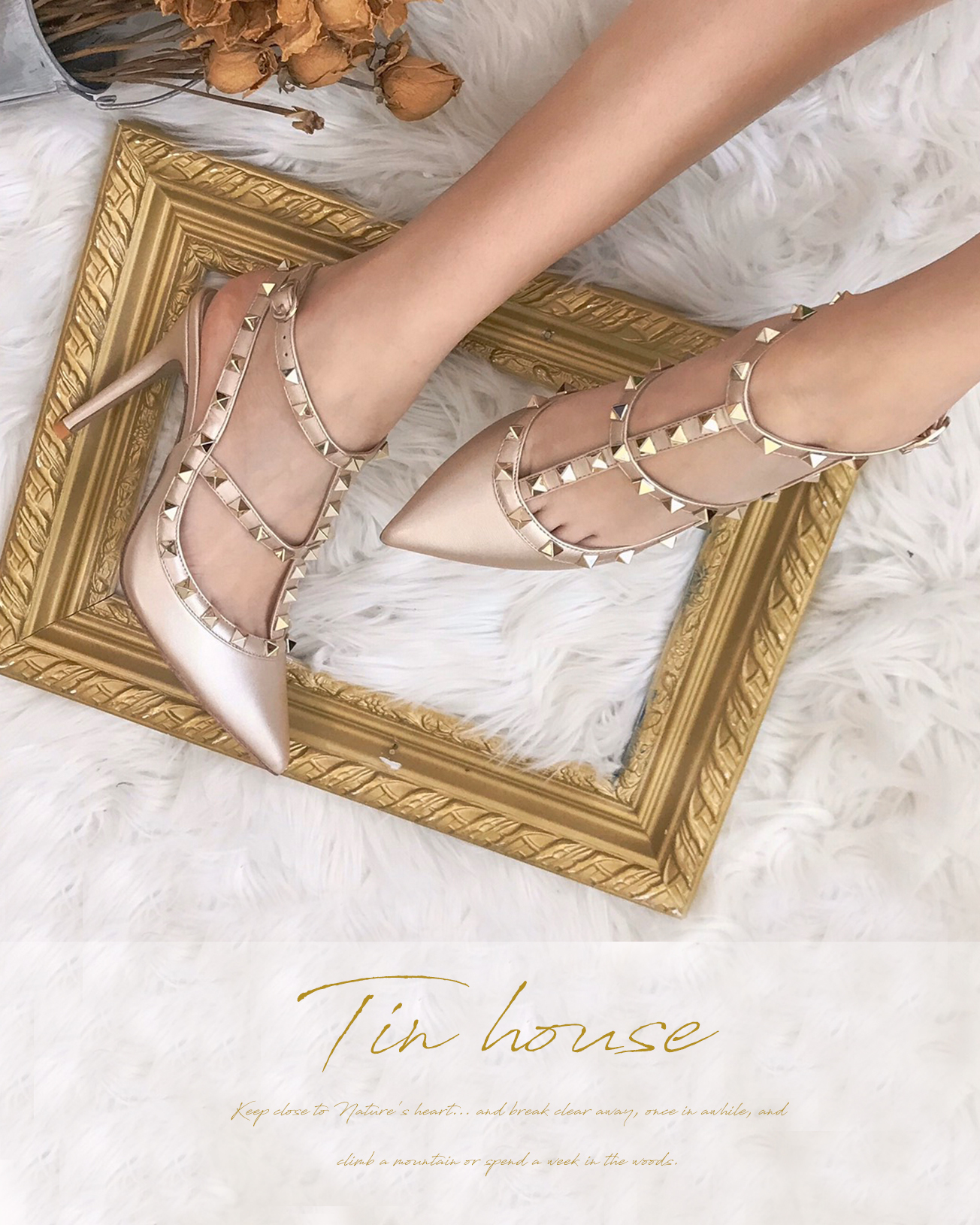 訂製-真皮卯釘雙帶高跟鞋