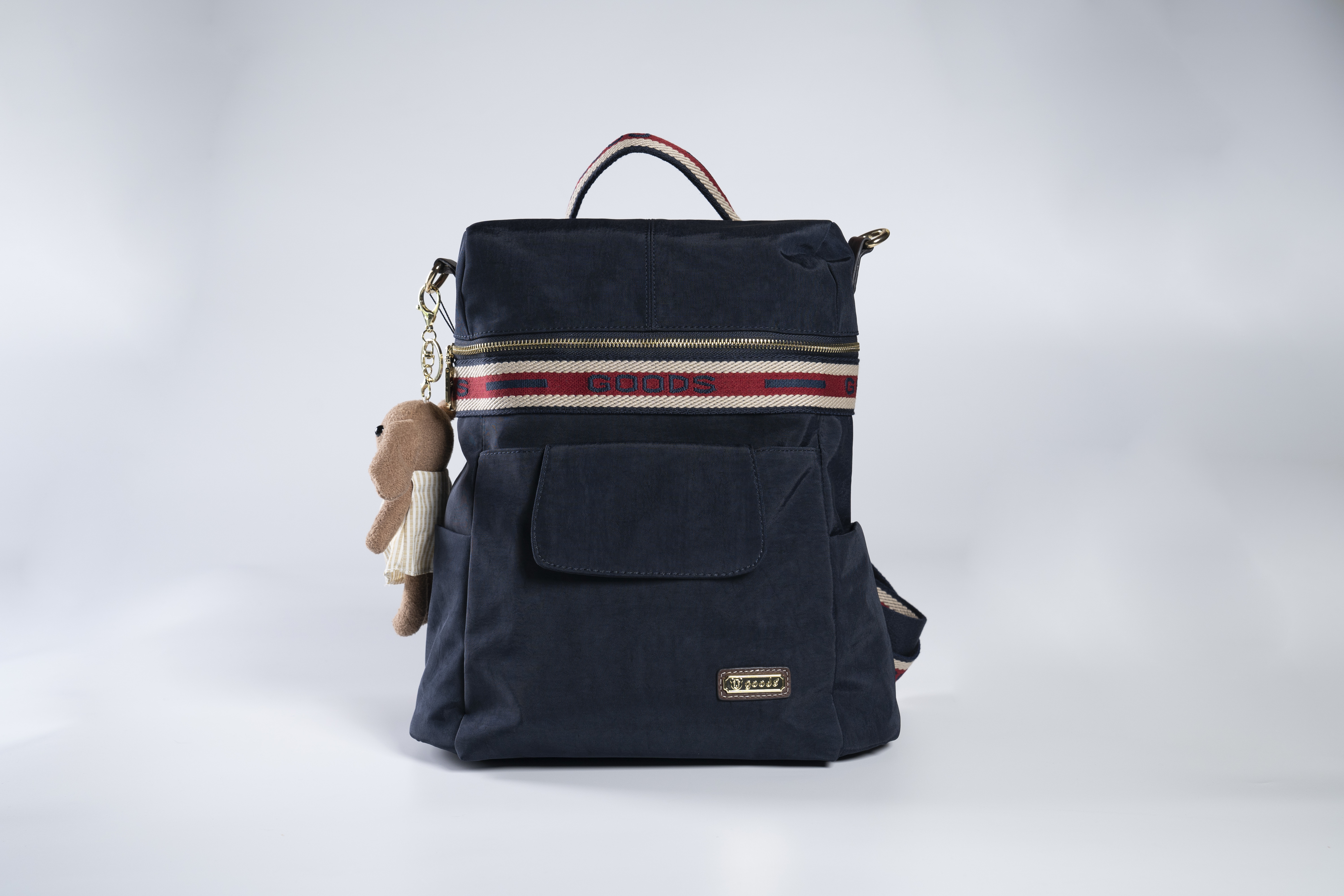 GOODS 織帶藍 丹寧運動風後背包 / 可側背 附小熊吊飾 #2601