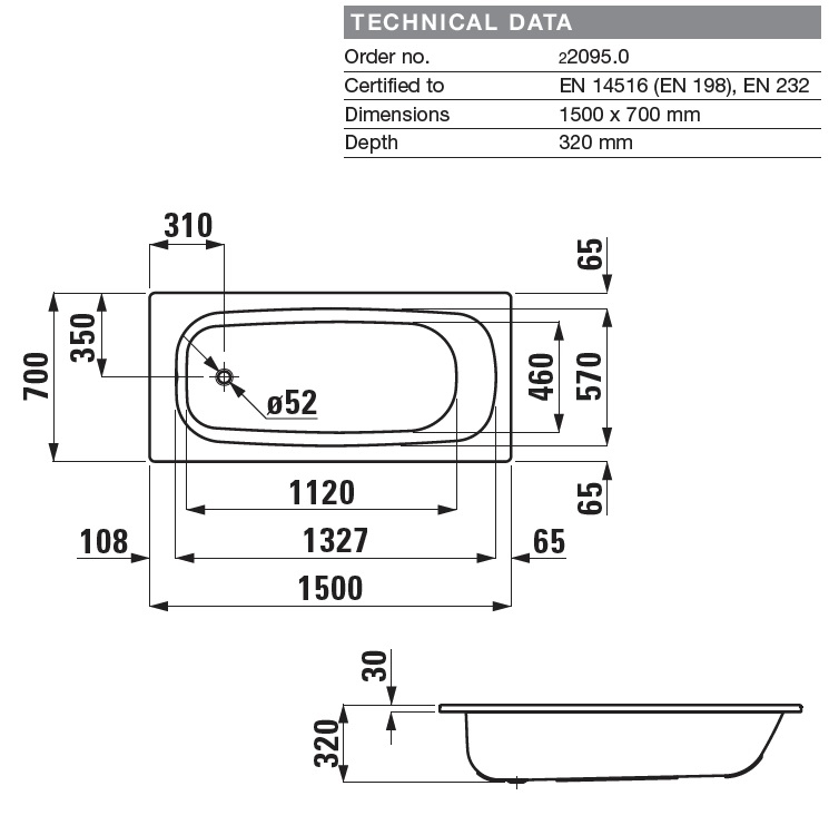 Laufen "Pro" 2.2095.0.600.040.1 Steel Bathtub with antislip (3mm enamelled steel)