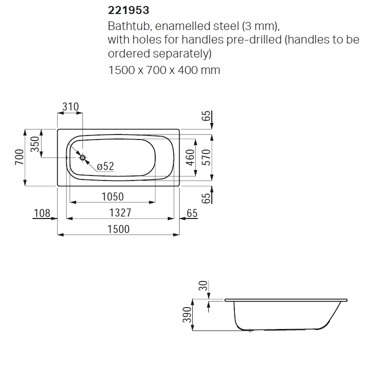 Laufen "Pro" 2.2195.3.600.040.1 + 2.9410.2.004.000.1 Steel Bathtub with antislip with Handle (3mm enamelled steel)