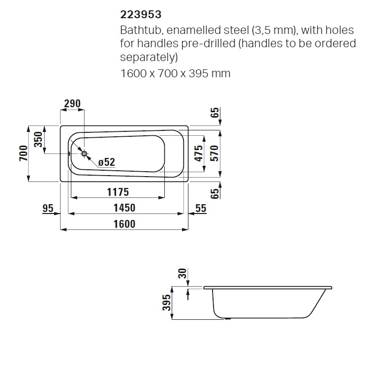 Laufen "Pro" 2.2395.3.600.040.1 + 2.9618.1.004.000.1 Steel Bathtub with antislip with Handle (3.5 mm enamelled steel)