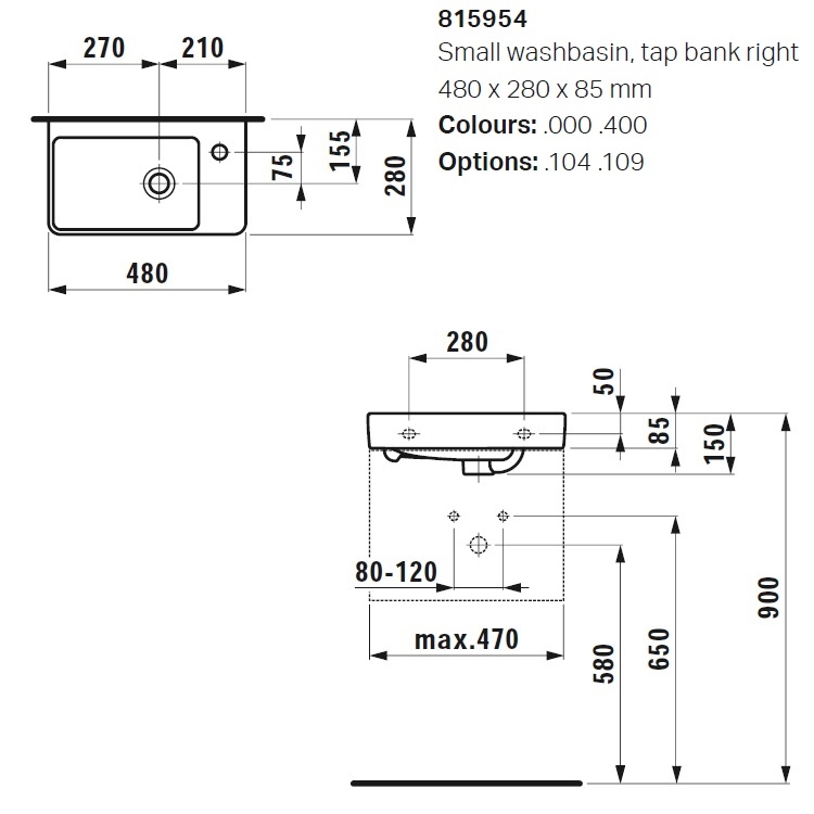 Laufen "Pro S" 8.1595.4.000.104.1 + 8.9988.2.000.000.1 Wall Hung Washbasin (with Overflow)