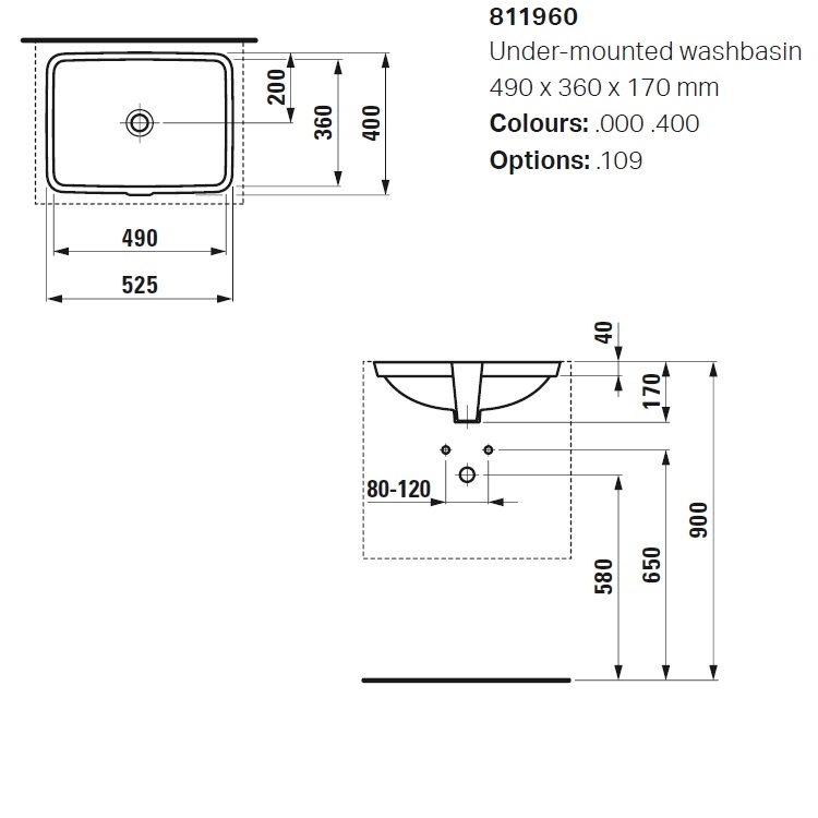 Laufen "Pro S" 8.1196.0.000.109.1 Undercounter Washbasin (with Overflow)