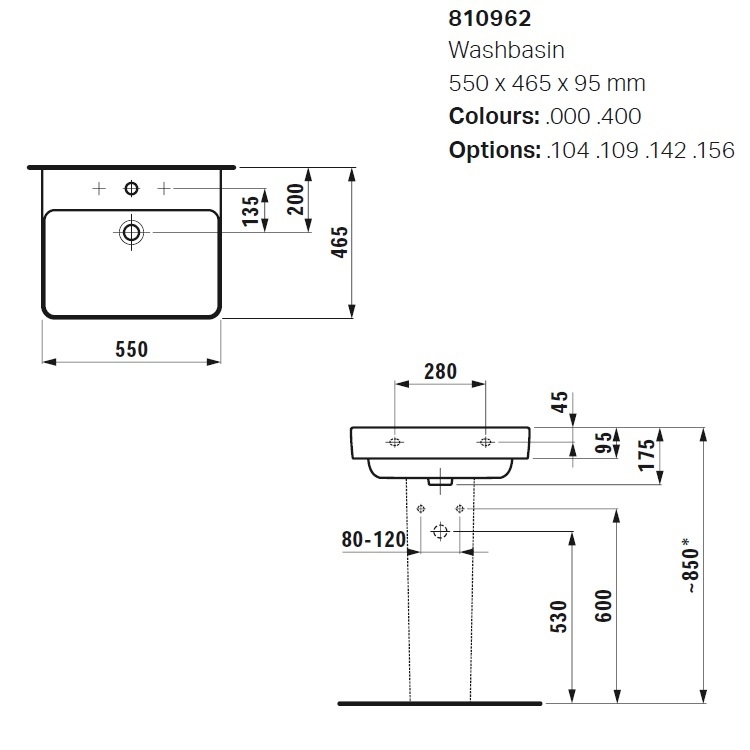 Laufen "Pro S" 8.1096.2.000.104.1 + 8.9988.2.000.000.1 Wall Hung or Countertop Washbasin (with Overflow)