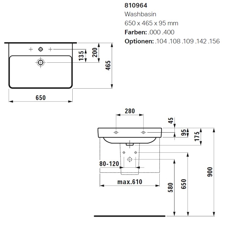 Laufen "Pro S" 8.1096.4.000.104.1 + 8.9888.2.000.000.1 Wall Hung or Countertop Washbasin (with Overflow)
