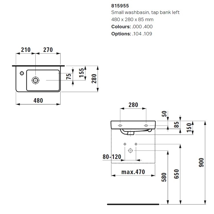 Laufen "Pro S" 8.1595.5.000.104.1 + 8.9988.2.000.000.1 Wall Hung Washbasin (with Overflow)