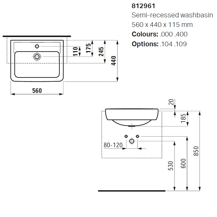 Laufen "Pro A" 8.1296.1.000.104.1 Semi Recessed Washbasin (with Overflow)