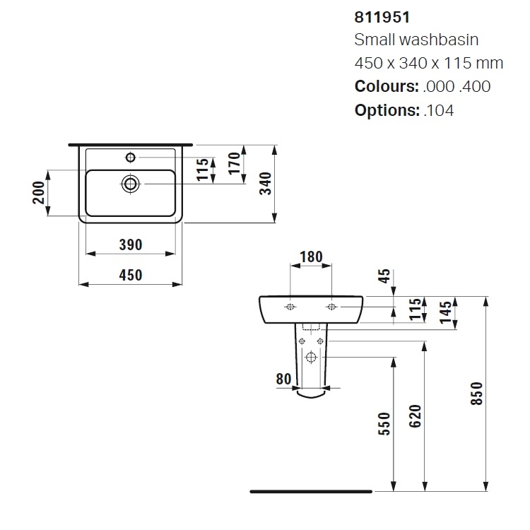 Laufen "Pro A" 8.1195.1.000.104.1 + 8.9988.2.000.000.1 Wall Hung or Countertop Washbasin (with Overflow)
