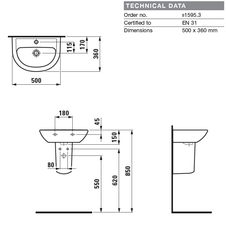Laufen "Pro B" 8.1595.3.000.104.1 + 8.9988.2.000.000.1 Wall Hung or Countertop Washbasin (with Overflow)