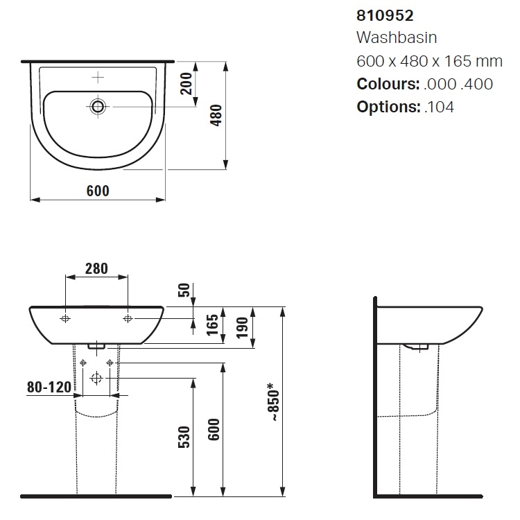 Laufen "Pro B" 8.1095.2.000.104.1 + 8.9988.2.000.000.1 Wall Hung Washbasin (with Overflow)