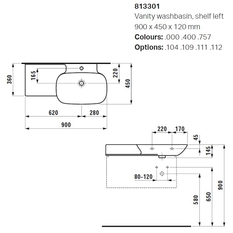 Laufen "Ino" 8.1330.1.000.111.1 + 8.9988.2.000.000.1 Wall Hung or Countertop Washbasin with 1 Tap Hole *SaphirKeramik*