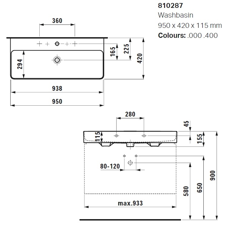 Laufen "Val" 8.1028.7.000.108.1 Wall Hung or Countertop Washbasin (with Overflow & 3 Tap Hole) *SaphirKeramik*