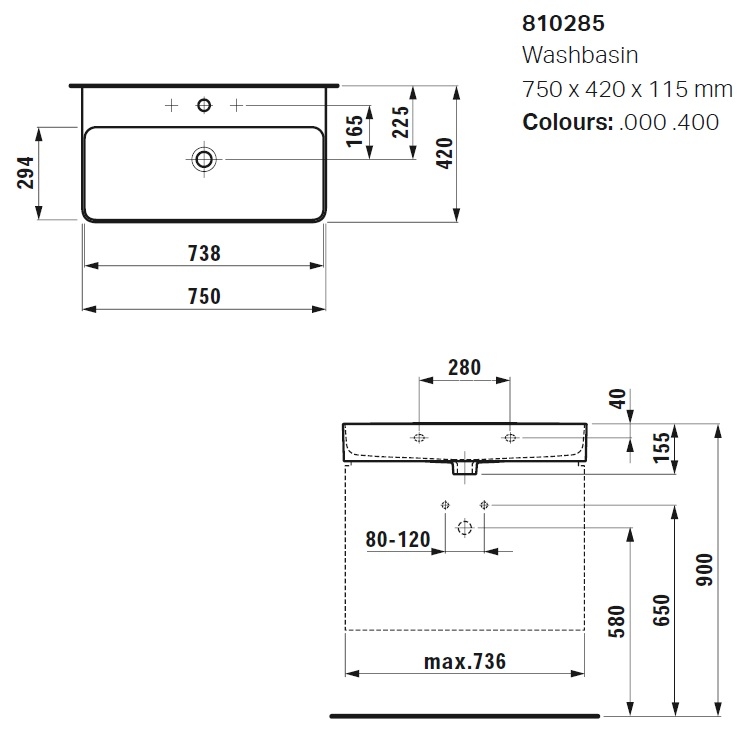Laufen "Val" 8.1028.5.000.104.1 Wall Hung or Countertop Washbasin (with Overflow) *SaphirKeramik*