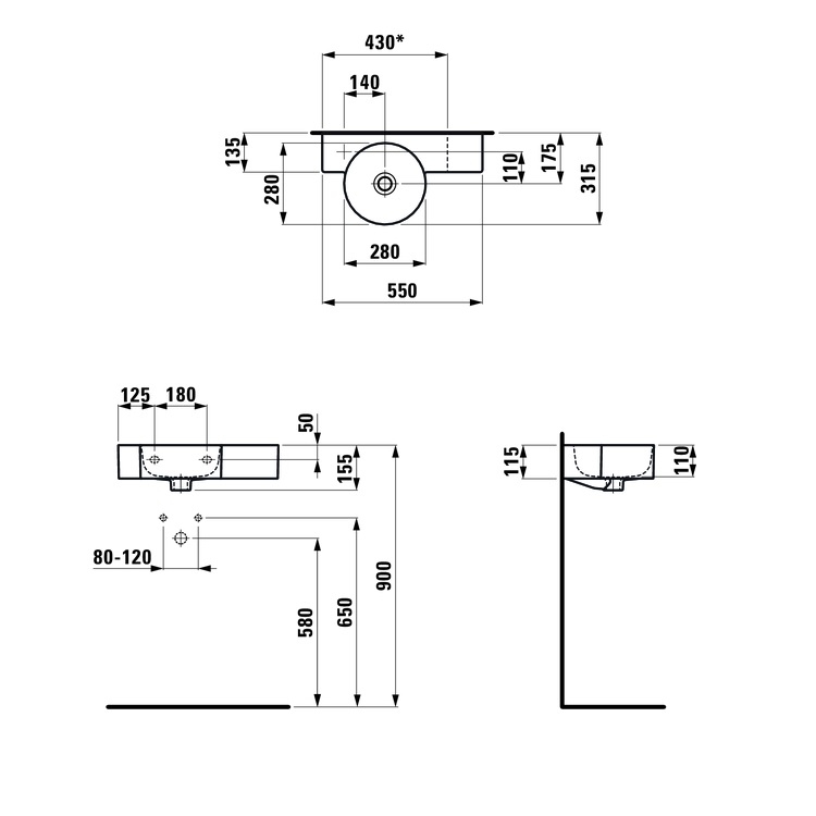 Laufen "Val" 8.1528.3.000.105.1 + 8.9988.2.000.000.1 Wall Hung Washbasin (with Overflow) *SaphirKeramik*
