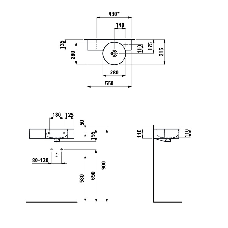 Laufen "Val" 8.1528.4.000.106.1 + 8.9988.2.000.000.1 Wall Hung Washbasin (with Overflow) *SaphirKeramik*