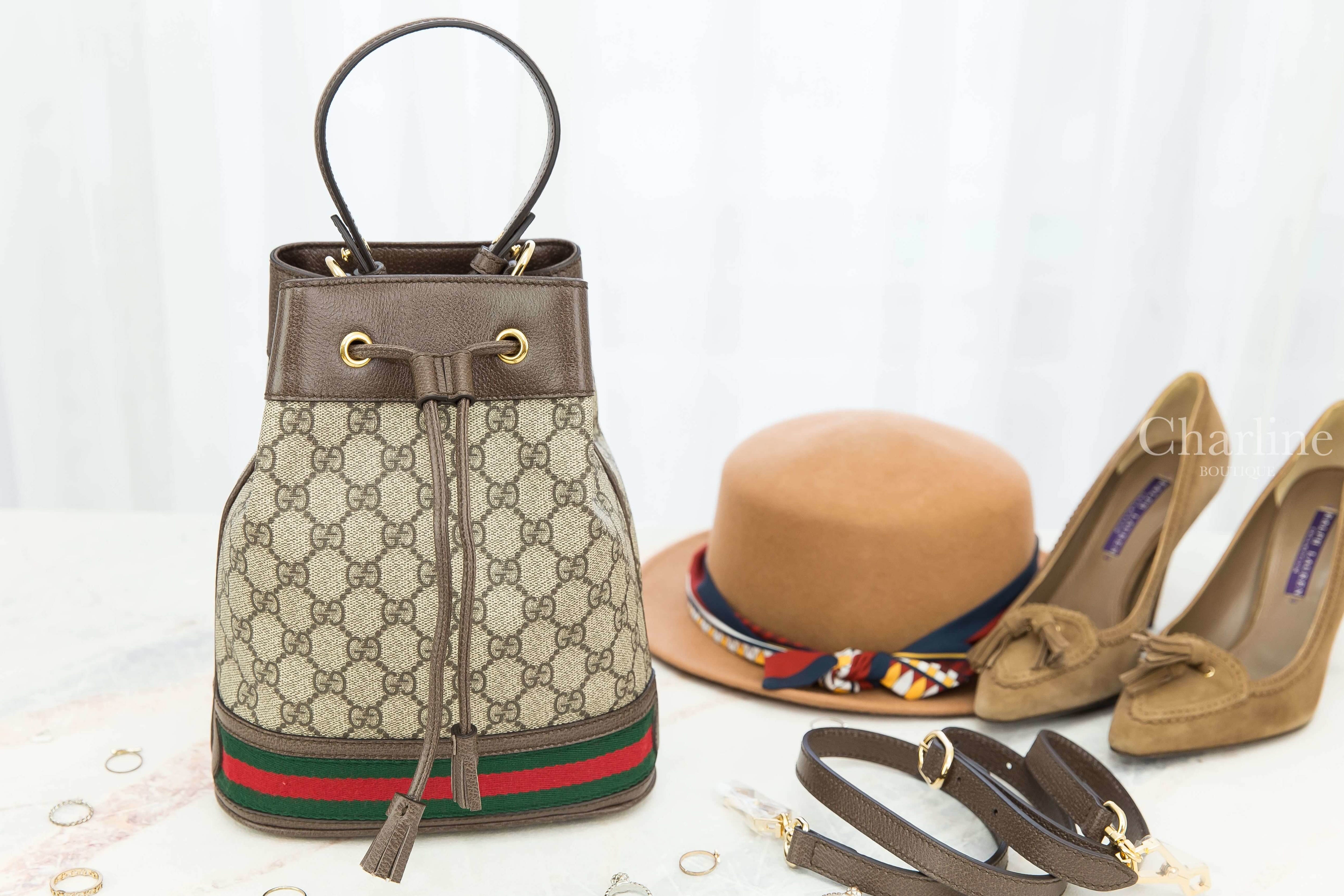 Gucci Ophidia Small GG Bucket Bag 米色/烏木色GG紅綠條紋小型手提水桶肩背包