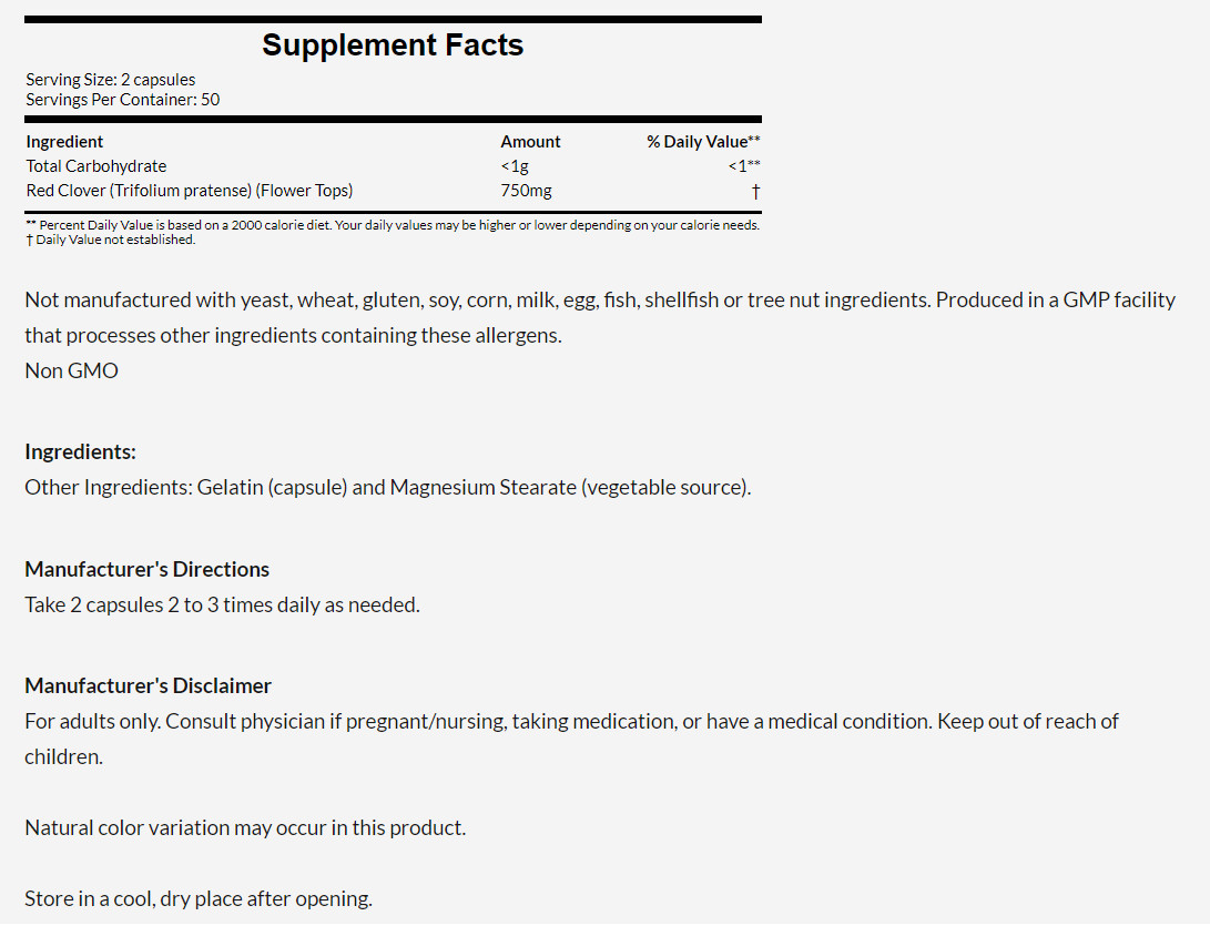 [預購] Now 紅花苜蓿 375mg 100粒 Red Clover