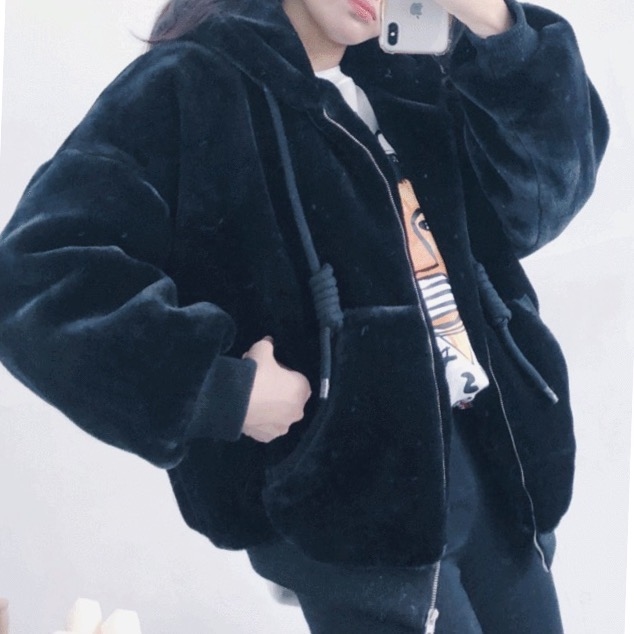 毛毛彈簧線連帽鋪棉外套-3色